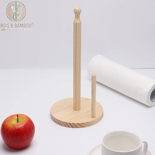 Porte essuie-tout bois vertical modele double deux rouleaux base ronde, Bois et Bambou Eco