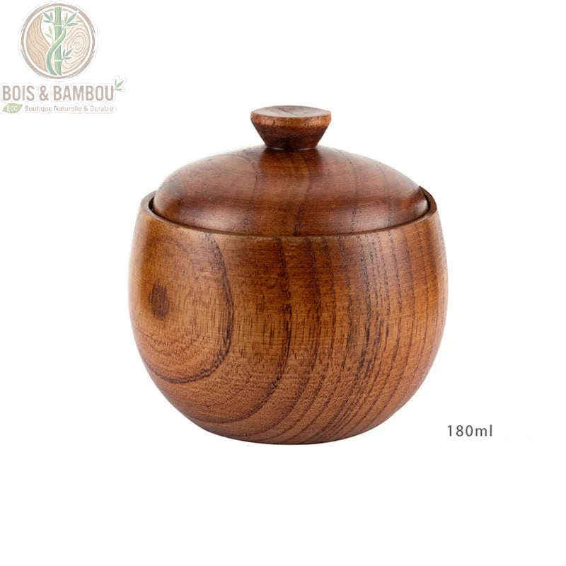 Pot à épices rétro en bois de jujubier avec couvercle, vue de face fond blanc, forme ronde arrondie, bois naturel brun