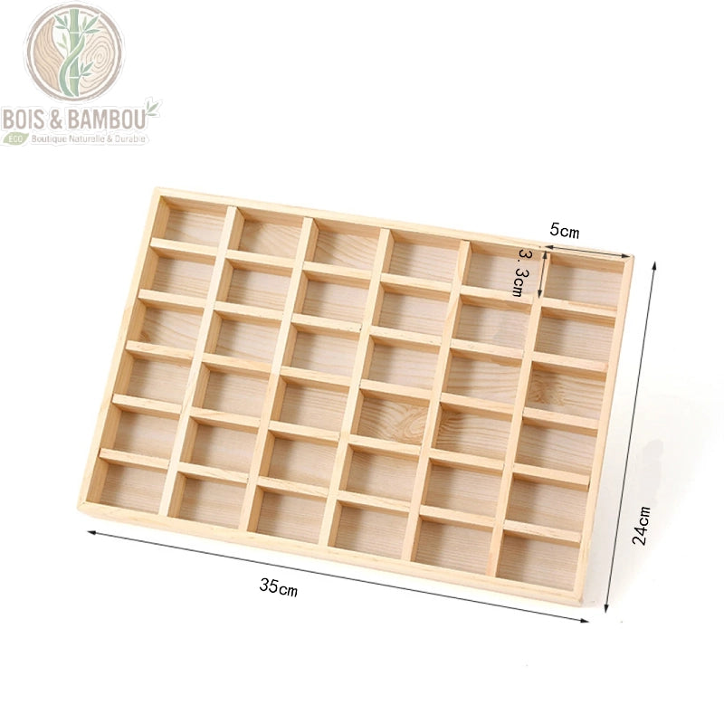 Plateau présentoir à bijoux en bois 36 compartiments, dimensions 35 x 24 x 3,3 cm annotées