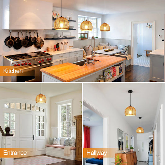 Suspension industrielle en rotin beige