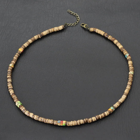 Collier court en perles de coco et bois