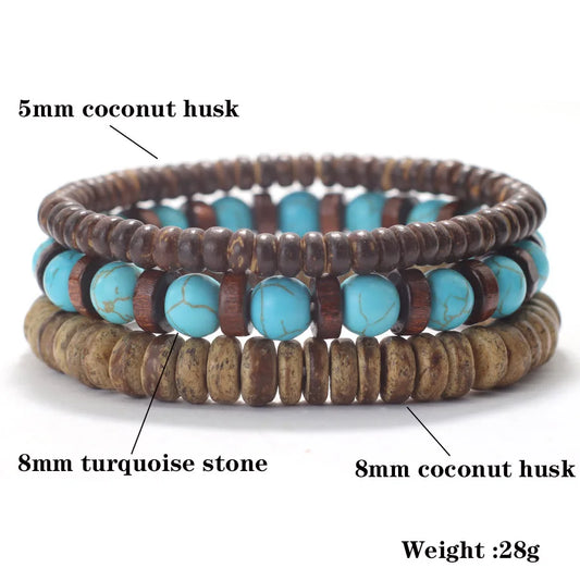 Set de 3 bracelets en bois de coco et pierres naturelles