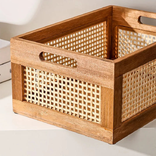 Panier de rangement rétro en bois et rotin