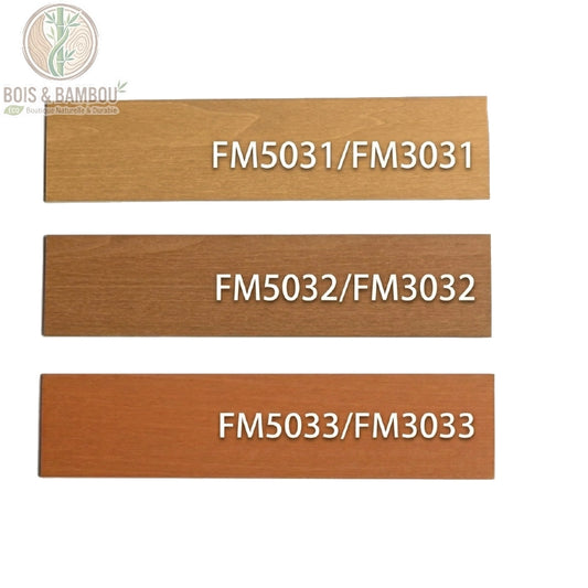 Nuancier de 3 stores en bois : Chêne Clair FM5031, Noyer Moyen FM5032, Cerisier Foncé FM5033.