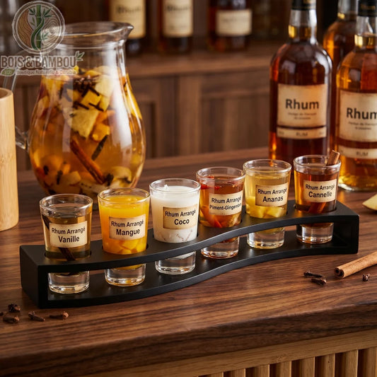 Support verre shot bambou noir avec rhum, presentation lounge et verres a shot, Bois et Bambou Eco