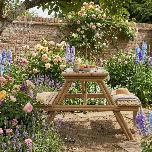 Table de Pique Nique Ilyan situation 2. Table de pique-nique artisanale en bambou avec bancs intégrés, entourée de fleurs colorées dans un jardin ensoleillé, idéale pour un moment de détente.