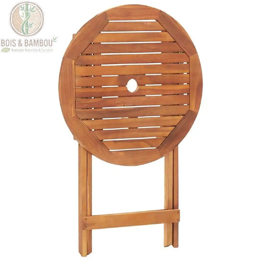 Table de jardin pliante acacia massif vue de dos pieds croisés repliés
