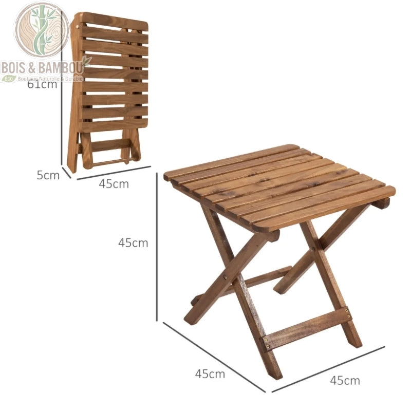 Tables de Patio en Acacia dimension. Schéma technique présentant les mesures d'une table d'appoint pliante ouverte (45x45x45 cm) et repliée (45x61x5 cm) en bois d'acacia massif.