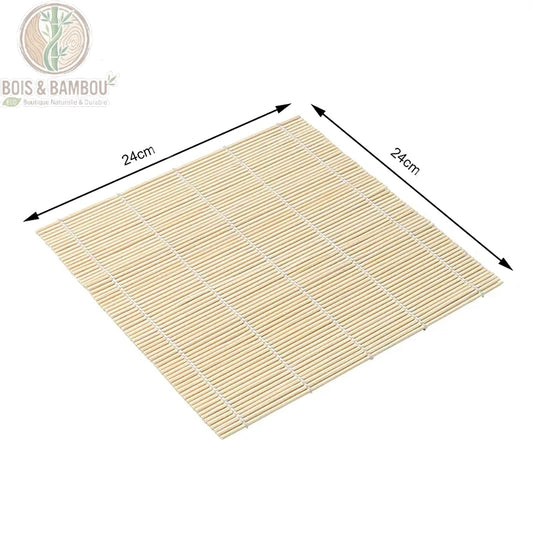 Tapis a Sushi en Bambou 24x24 cm lamelles bambou naturel surface lisse fond blanc BoisetBambouEco