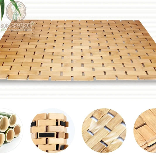Tapis bambou naturel 50x80 cm vue ensemble et details fabrication lattes croisees