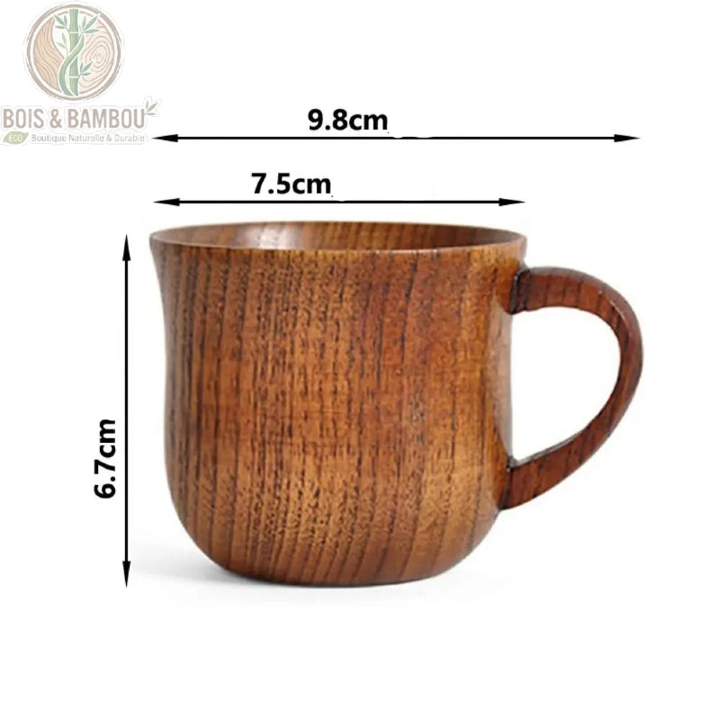 Schéma des dimensions tasse bois 9,8 cm largeur, 7,5 cm diamètre, 6,7 cm hauteur