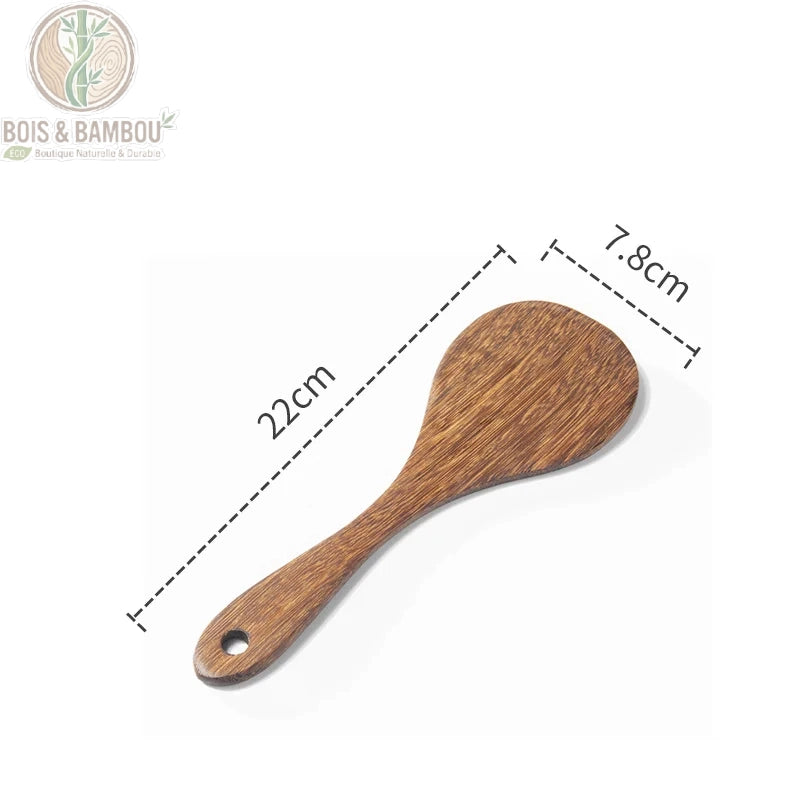 Ustensiles cuisine wenge pelle a riz 22 x 7,8 cm courte arrondie vue de face avec dimensions, Bois et Bambou Eco