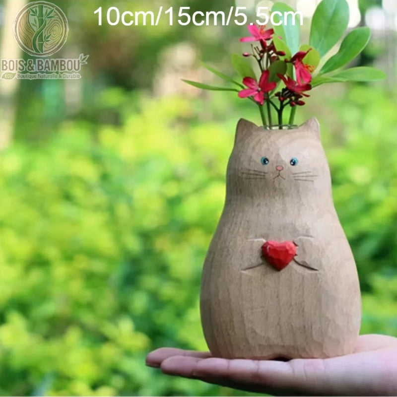 Vase Statue de Chat en Bois Massif