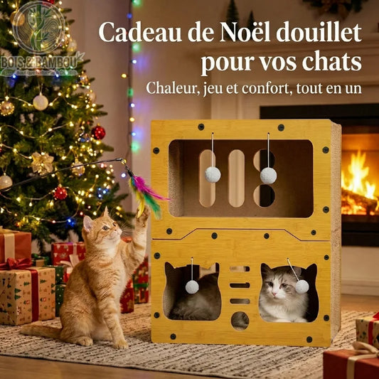 Villa pour chat en bois et griffoir présentée en décor de Noël