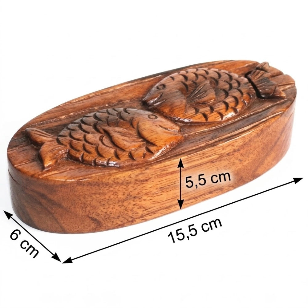 Boîte à bijoux en bois sculpté duo de poissons, dimensions 15,5 par 6 par 5,5 cm