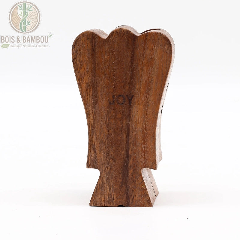 Boîte ange Hati-Hati en bois de Suar, thème joie, gravure JOY au dos