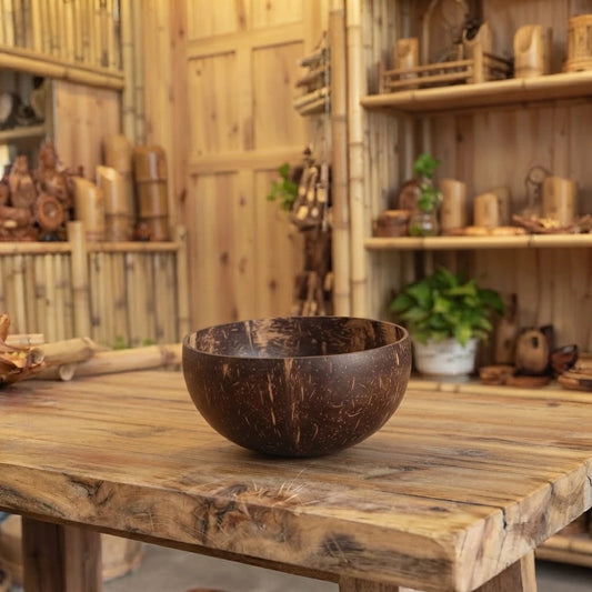 Bol en noix de coco naturel poli, posé seul sur une table en bois brut devant des étagères en bambou