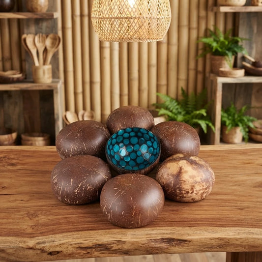 Bol en noix de coco à pastilles de coquillage turquoise, entouré de coques de noix de coco sur une table en bois