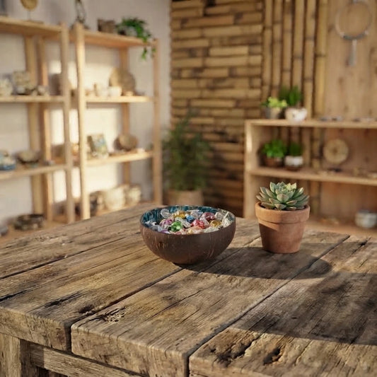 Bol en noix de coco décoratif garni de bonbons emballés, à côté d'une plante grasse en pot sur une table en bois