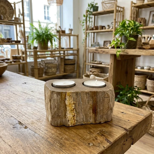 Bougeoir bois fossilisé pour 2 bougies chauffe-plat, veine jaune ocre sur fond beige, posé sur une table en bois