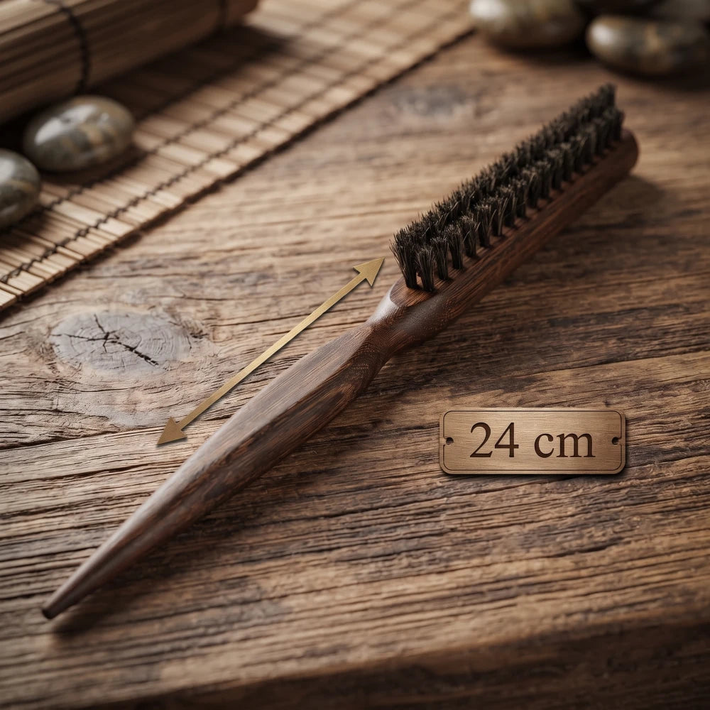 Brosse en poils de sanglier et bois avec manche pointu, longueur totale de 24 cm