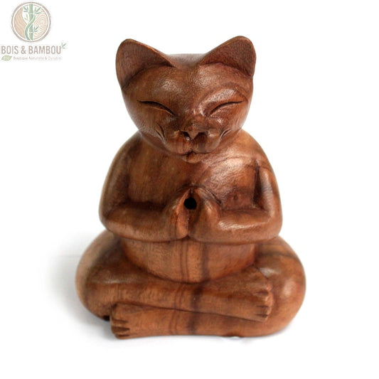 Porte-encens en bois sculpté chat de yoga, grand modèle, sur fond blanc