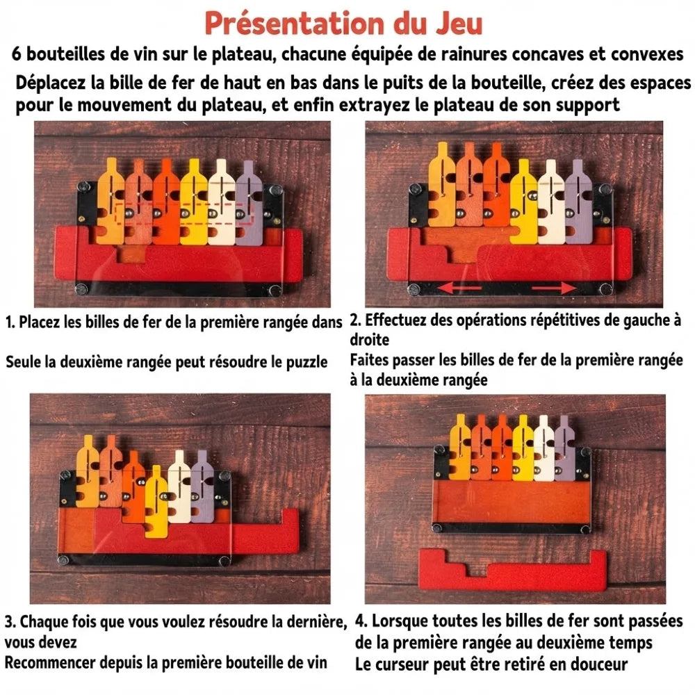 Explications en 4 étapes pour résoudre le casse-tête plateau de 6 bouteilles à billes en métal