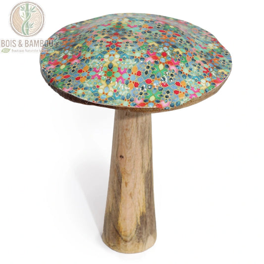 Champignon décoratif en bois émaillé, motif carreaux méditerranéens, format 20 cm, socle en bois massif, Bois Et Bambou Eco
