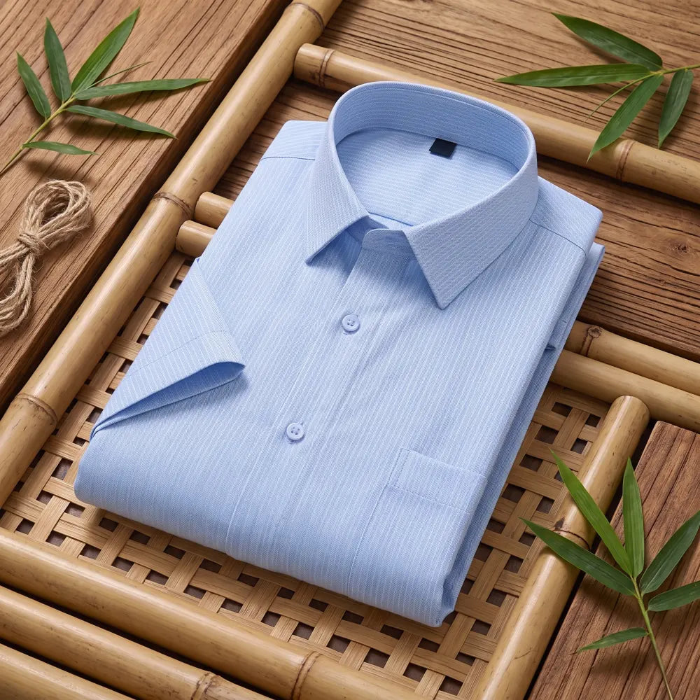 Chemise homme en fibre de bambou manches courtes bleu clair à fines rayures, pliée sur fond bambou naturel