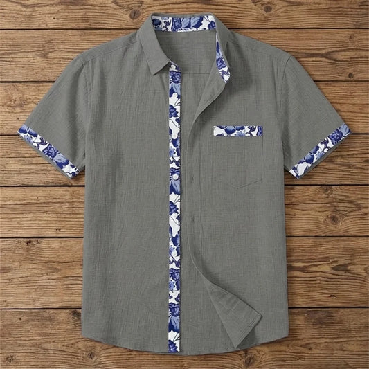 Chemise homme en fibre de bambou manches courtes gris foncé, empiècements imprimé céramique bleu