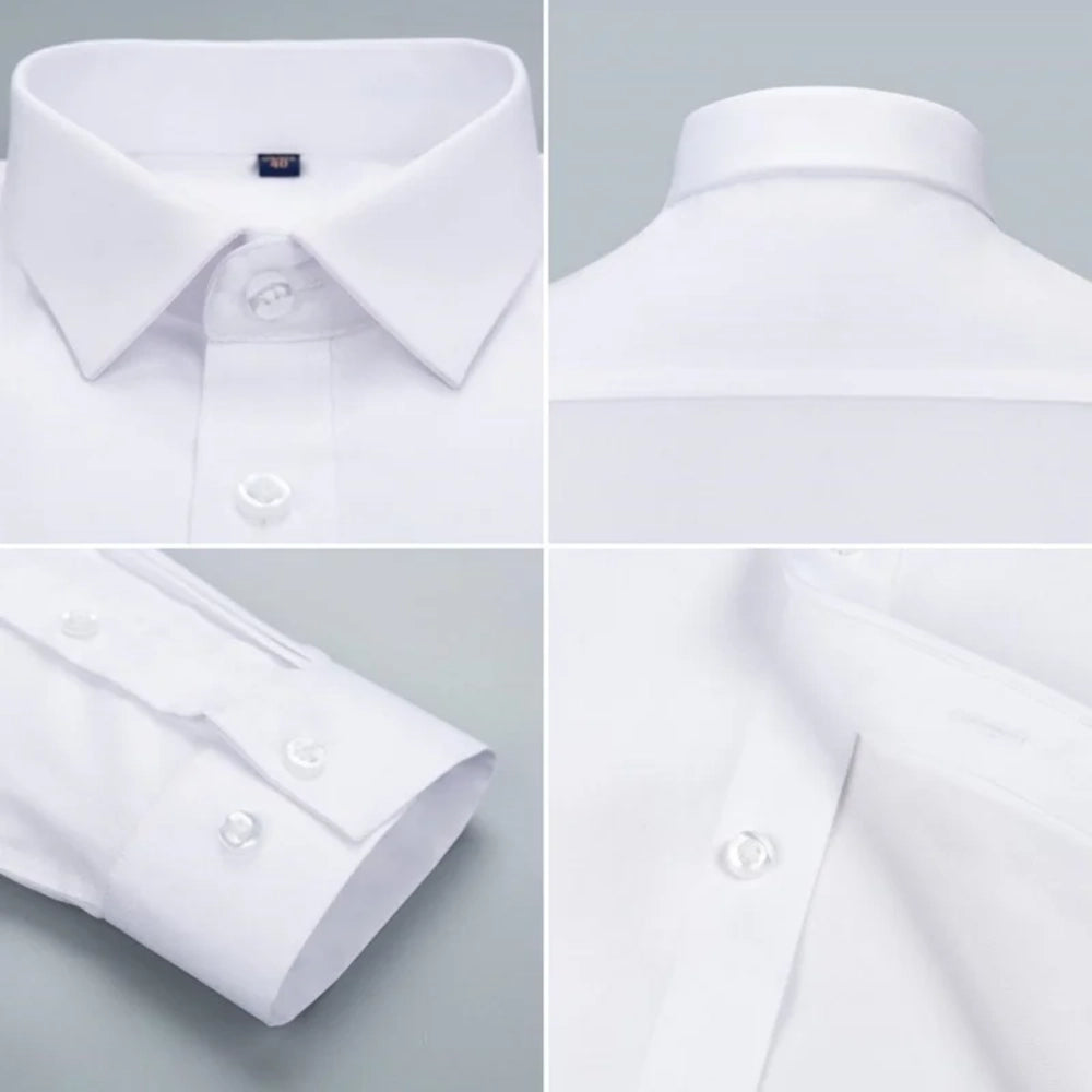 Gros plan sur le col, le poignet et les boutons d'une chemise homme en fibre de bambou blanche