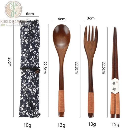 Couverts bois nomade, sac de transport tissu floral pour kit voyage, Bois et Bambou Eco