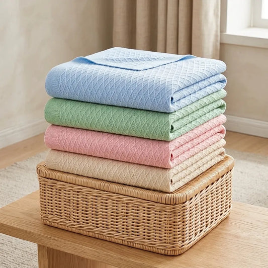 Couverture rafraîchissante en fibre de bambou, pile de coloris bleu ciel, vert d'eau, rose bonbon et caramel