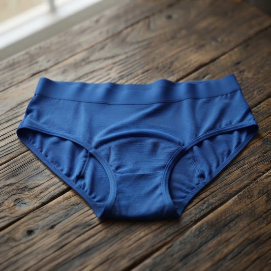 Culotte menstruelle en bambou bleue pour flux très abondant, posée à plat
