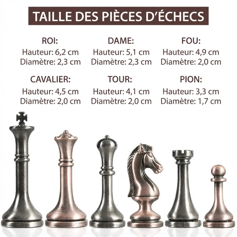 Hauteur des pièces d'échecs en métal, roi de 6 cm et pion de 3 cm