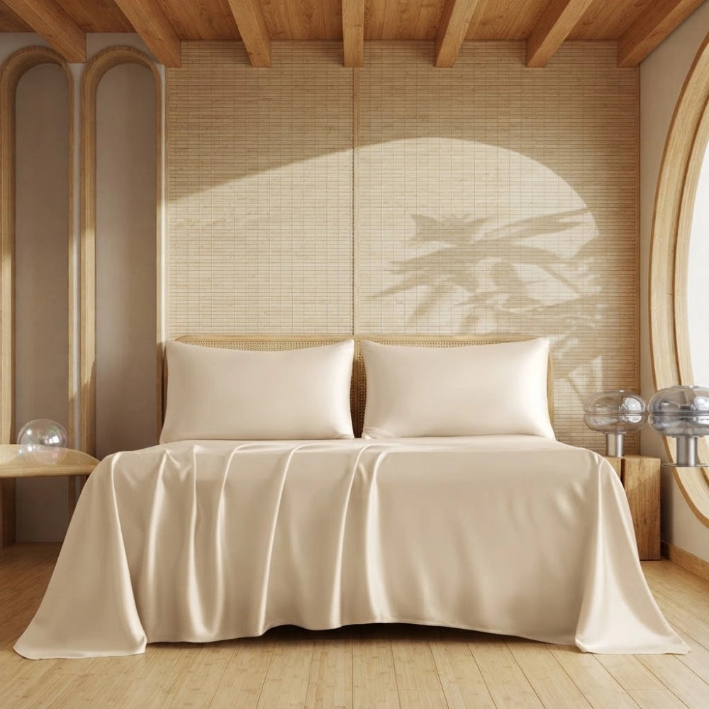 Ensemble de draps en bambou champagne clair sur un lit