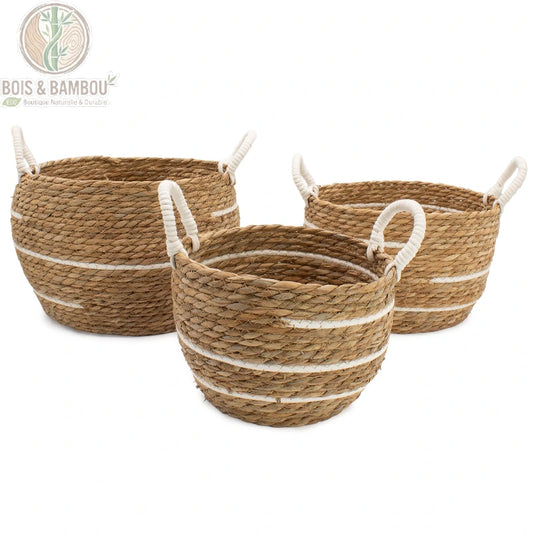 Lot de 3 paniers de rangement coton et jonc de mer, naturel et blanc, sur fond blanc, Bois Et Bambou Eco