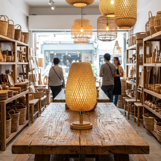 Grande lampe tressée sur pied en bois 48 cm allumée dans une boutique