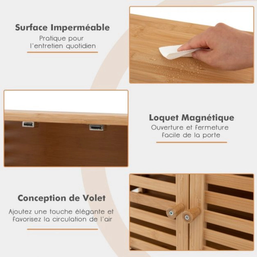 Détails du meuble bambou : surface lisse, fermeture aimantée et boutons