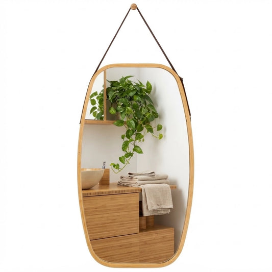 Miroir bambou forme ovale à sangle effet cuir sur fond blanc