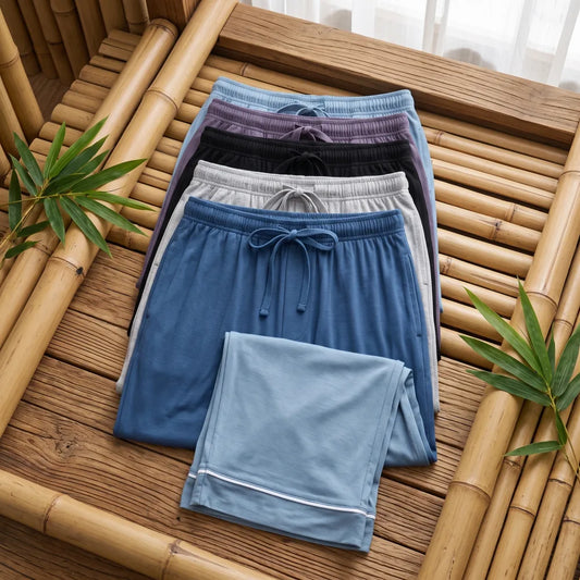 Pantalon détente bambou homme, coloris pliés avec un pantalon replié en gros plan