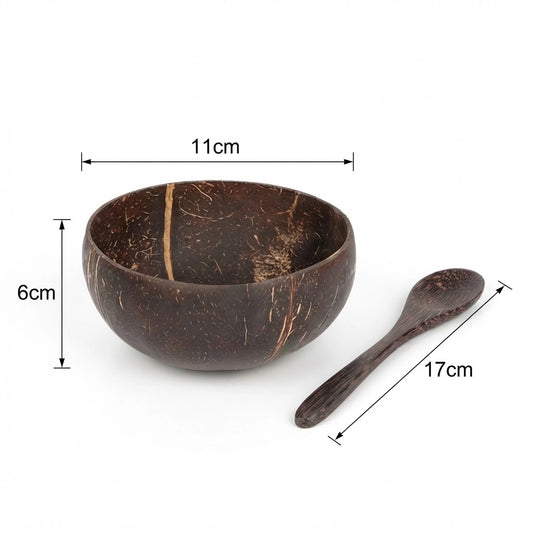 Petit bol en noix de coco de 11 cm de diamètre et 6 cm de haut, avec sa cuillère en bois de 17 cm