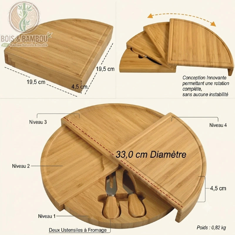 Planche fromage bambou dimensions 33 cm déployée 19,5 cm repliée schéma technique