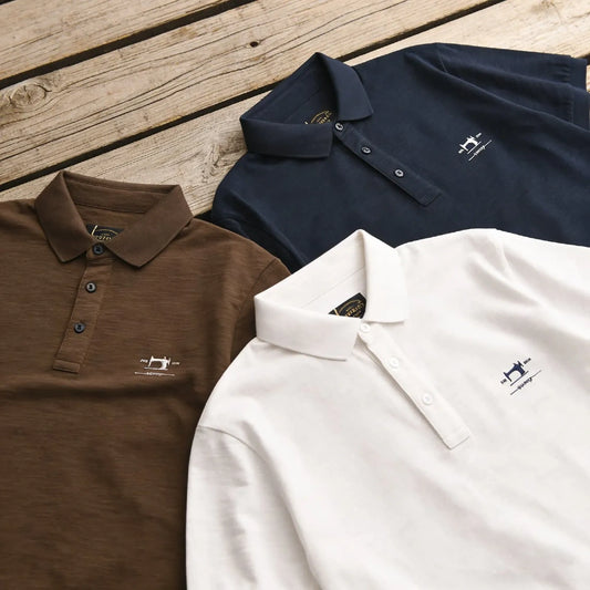 Gros plan sur le col revers et les coutures des polos homme en coton et fibre de bambou