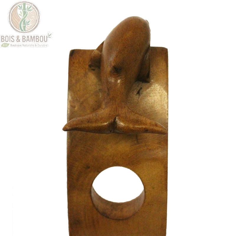 Porte-bouteille en équilibre bois brun, détail nageoire sculptée dauphin vue de dos Bois Et Bambou Eco
