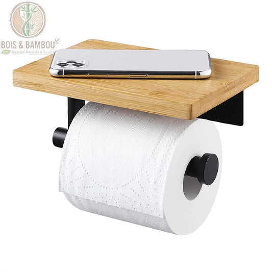 Porte-papier toilette en bambou massif avec tablette intégrée, vue de face sur fond blanc, Bois Et Bambou Eco