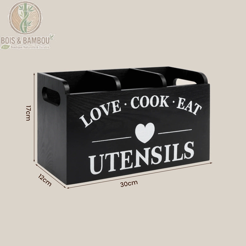 Porte ustensiles bois cuisine 3 compartiments noir mat modele 2 gravure UTENSILS doree, Bois et Bambou Eco