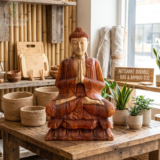 Grande statue de Bouddha assis en bois de Suar, 80 cm, mains jointes, sur une table près de paniers et de bambous