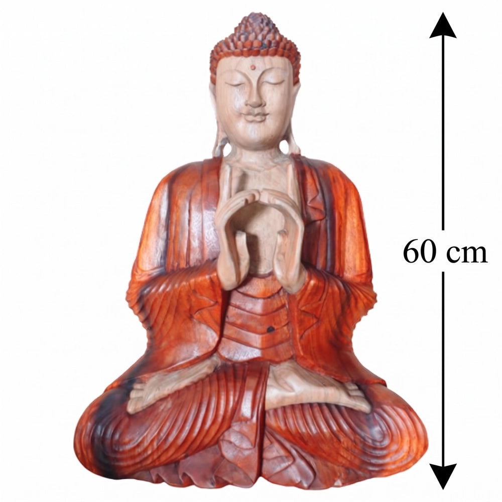 Statue de Bouddha assis en bois de Suar, 60 cm, deux mains réunies, schéma de la hauteur