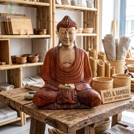 Statue de Bouddha en méditation en bois de Suar, 30 cm, sur une table rustique entre bambous et paniers tressés